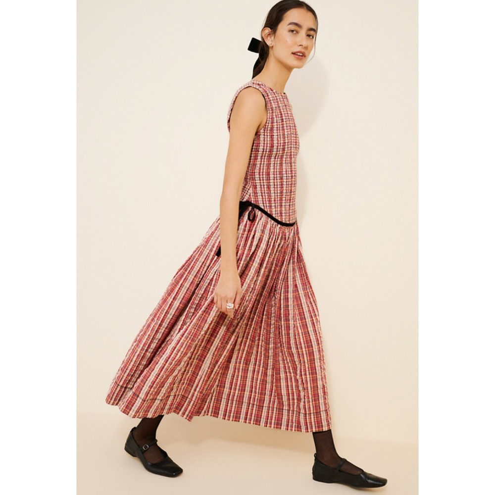 Free People Womens Nightingale Red Plaid Smocked Midi Dress Boho Sz Lg $245 MSRP - Picture 5 of 16
